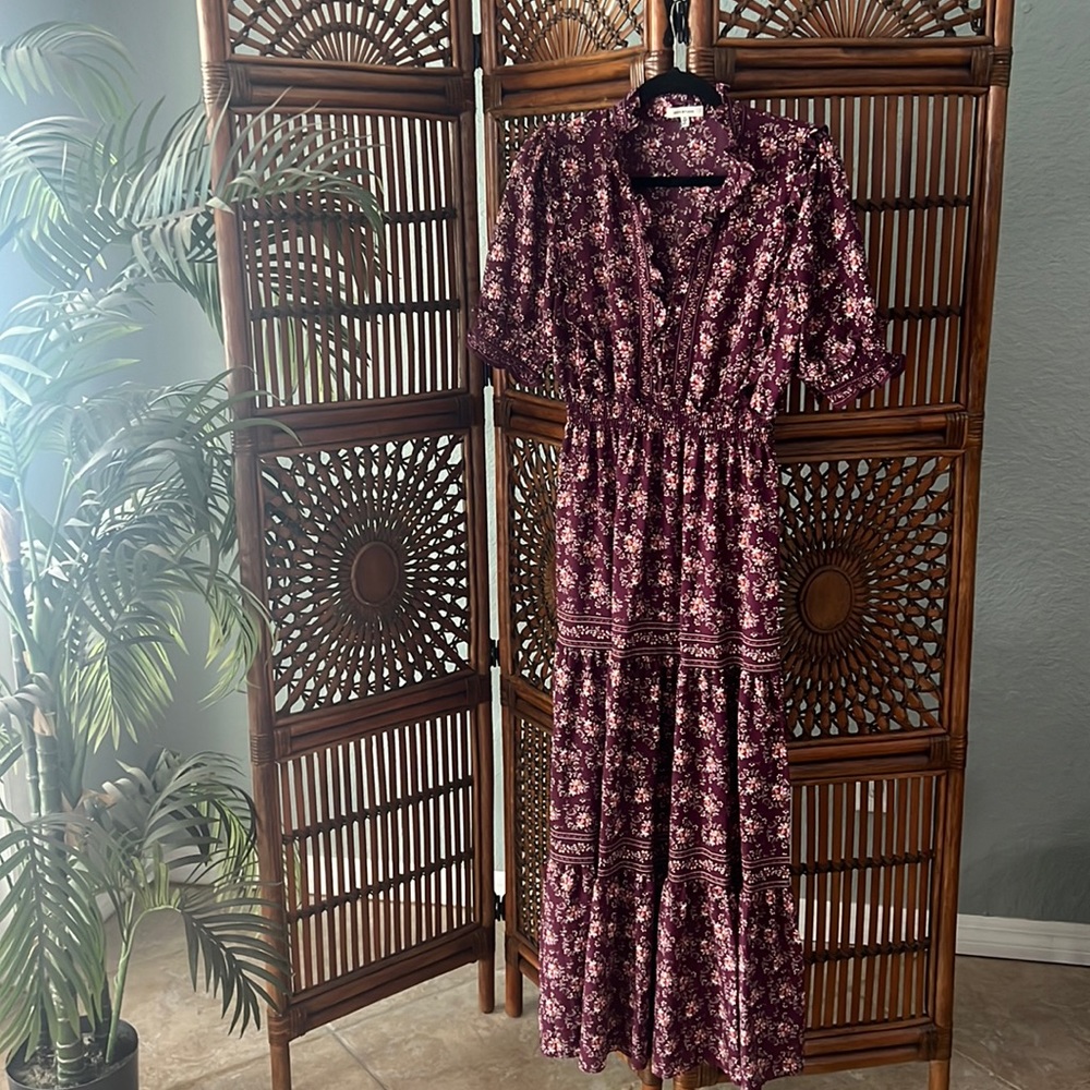 Max Studio Womens Maroon Floral Balloon Sleeve Elastic Waist Maxi Dress Sz Med